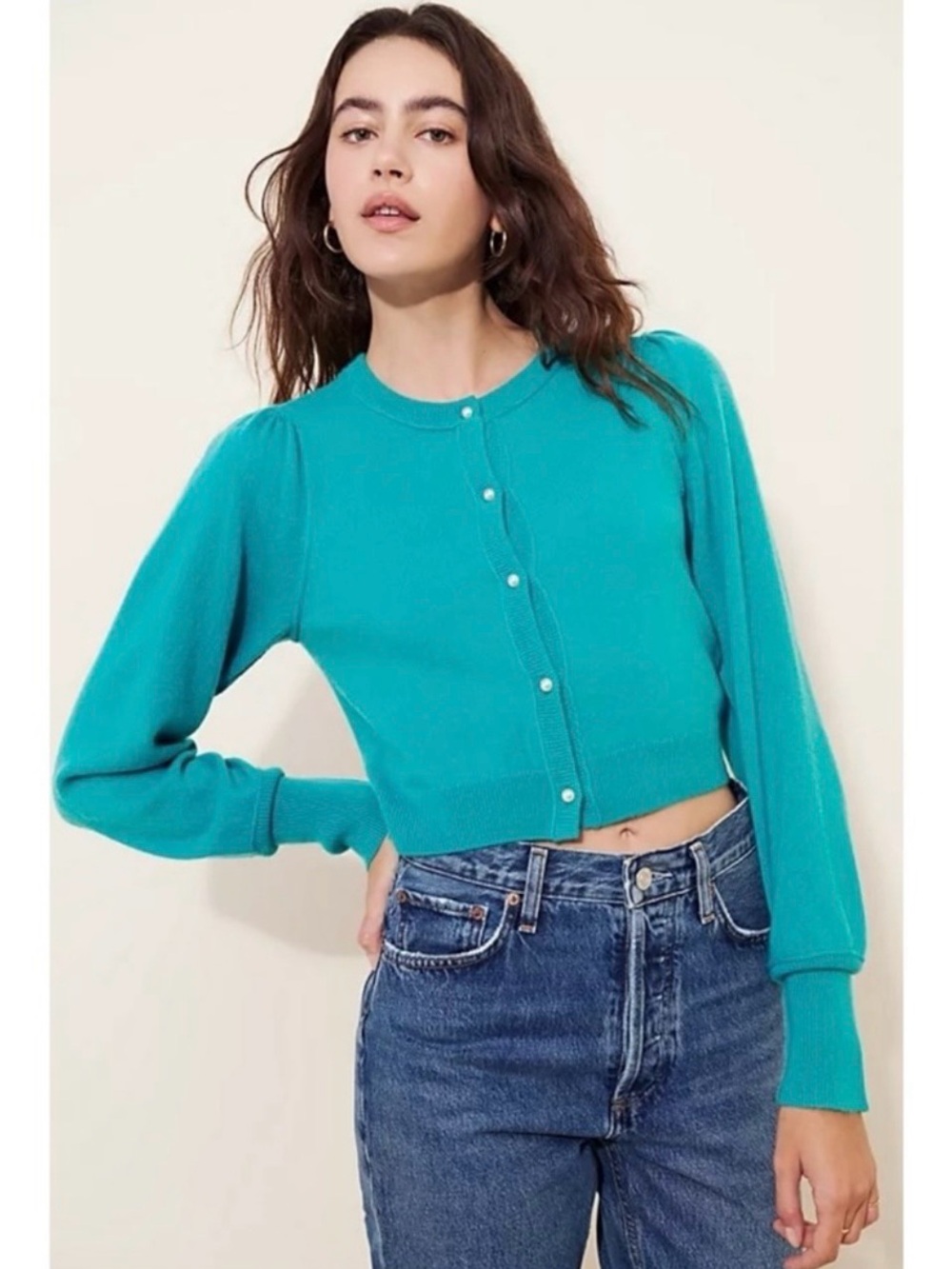 Free People Dainty Coquette Pearl Button Cashmere Cardigan Teal Blue Size Small